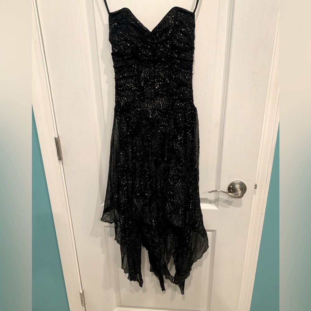 black strapless asymmetrical sequin dress